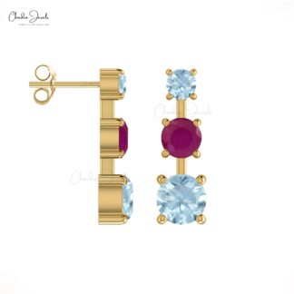 Three Stone Natural Ruby And Aquamarine Push Back Stud Earrings In 14k Solid Gold