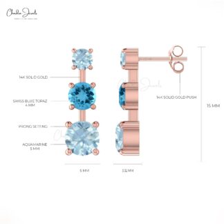 Natural Swiss Blue Topaz & Aquamarine Unique 14k Real Gold 3-Stone Earrings For Her
