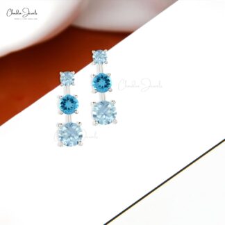 Natural Swiss Blue Topaz & Aquamarine Unique 14k Real Gold 3-Stone Earrings For Her