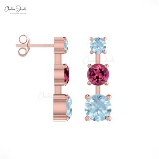 Genuine Pink Tourmaline Prong Set Earrings 4mm Round Cut Gemstone Earrings 14k Solid Gold Studs For Her