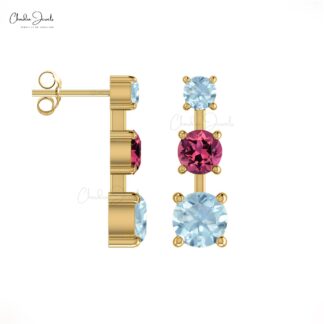 Genuine Pink Tourmaline Prong Set Earrings 4mm Round Cut Gemstone Earrings 14k Solid Gold Studs For Her