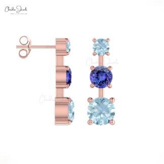Genuine Tanzanite & Aquamarine 3-Stone Studs in 14k Solid Gold Delicate Earrings