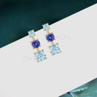 Genuine Tanzanite & Aquamarine 3-Stone Studs in 14k Solid Gold Delicate Earrings