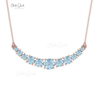Round Aquamarine Statement Necklace In 14k Solid Gold Prong Set Gemstone Wedding Necklace