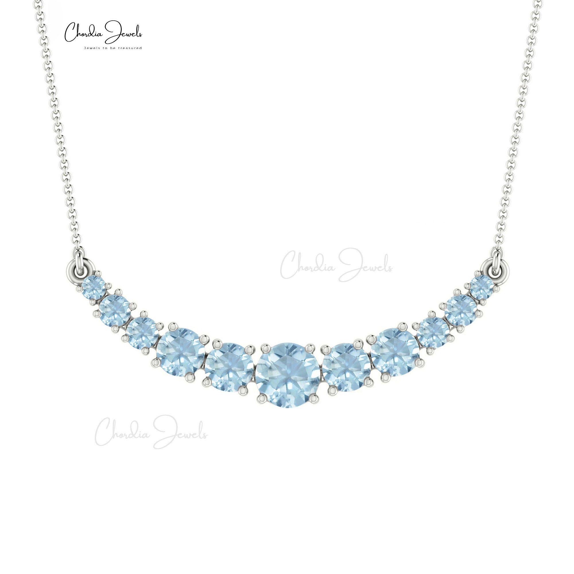 Round Aquamarine Statement Necklace In 14k Solid Gold Prong Set Gemstone Wedding Necklace