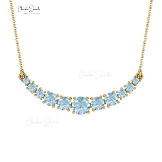 Round Aquamarine Statement Necklace In 14k Solid Gold Prong Set Gemstone Wedding Necklace