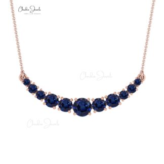 Solid 14k Gold Round Blue Sapphire Statement Necklace For Women