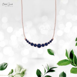 Solid 14k Gold Round Blue Sapphire Statement Necklace For Women