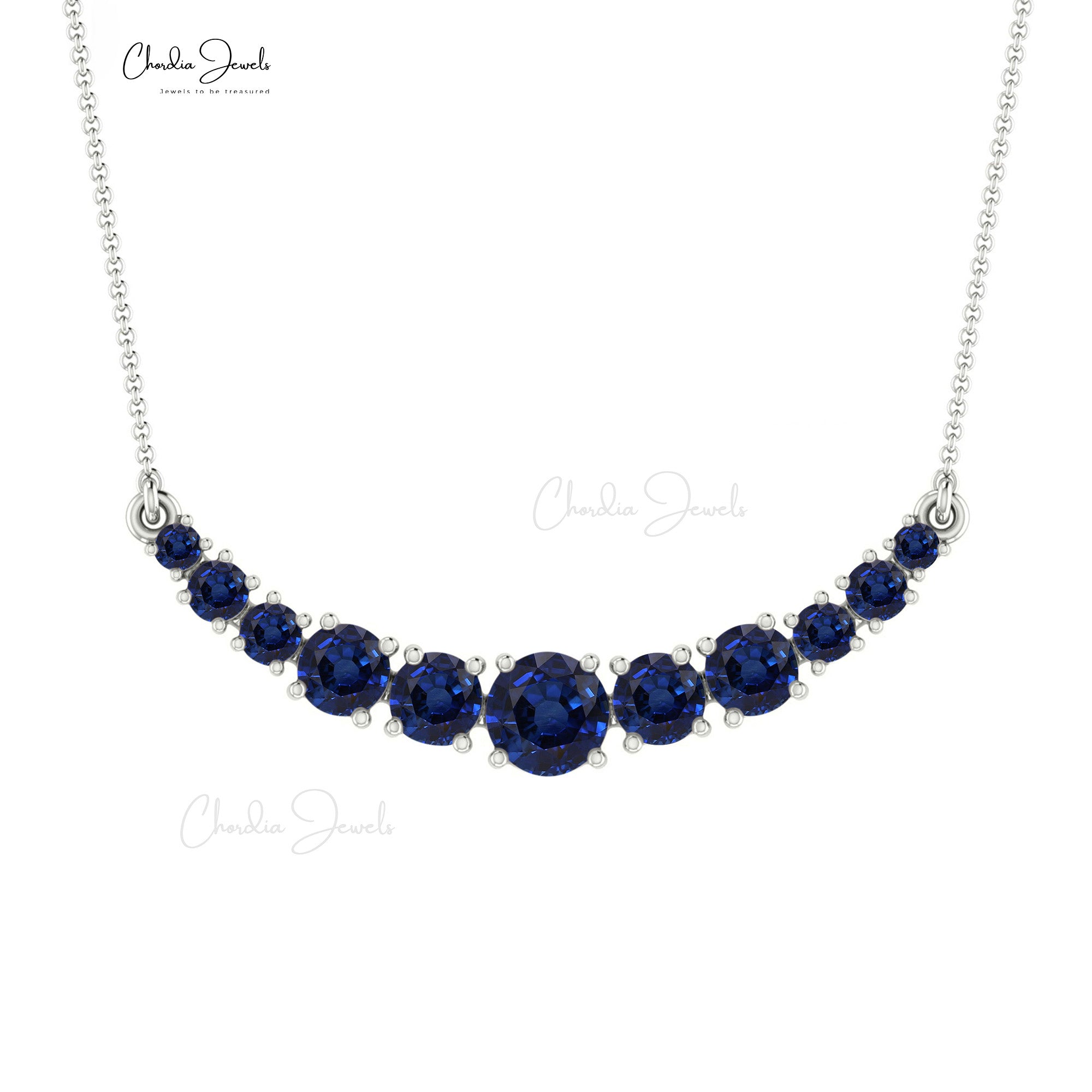 Solid 14k Gold Round Blue Sapphire Statement Necklace For Women