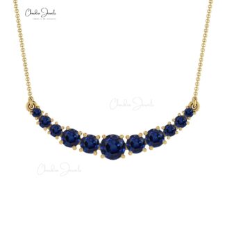 Solid 14k Gold Round Blue Sapphire Statement Necklace For Women