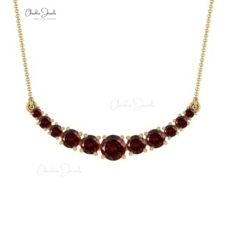 Gemstone Curved Bar Necklace In Solid 14k Gold Red Garnet January Birthstone Necklace