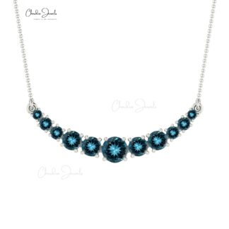 Gemstone Bar Statement Necklace In 14k Real White Gold London Blue Topaz Wedding Jewelry