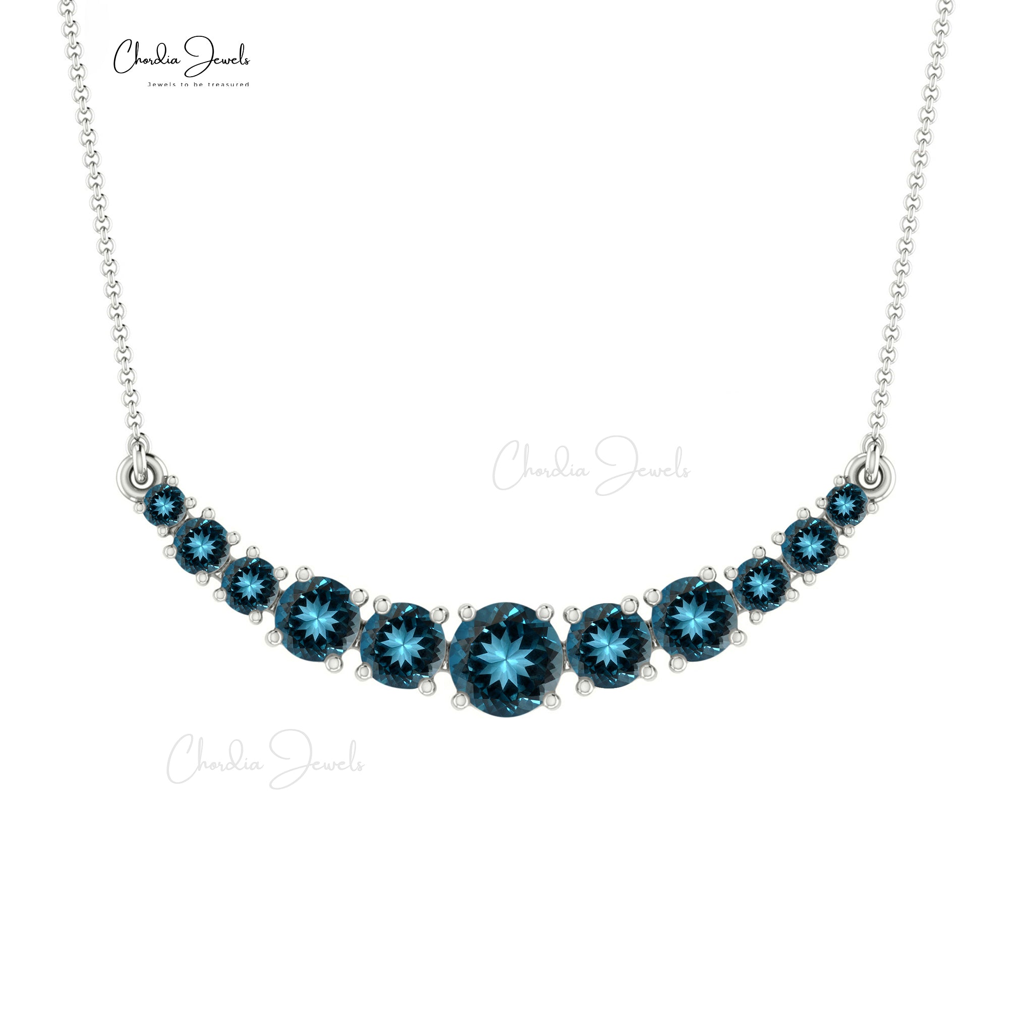 Gemstone Bar Statement Necklace In 14k Real White Gold London Blue Topaz Wedding Jewelry