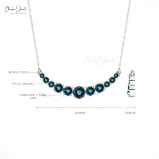 Gemstone Bar Statement Necklace In 14k Real White Gold London Blue Topaz Wedding Jewelry