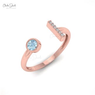 Seven Stone Open Cuff Ring With 3mm Aquamarine And Dainty Diamond Ring In 14k Solid Gold