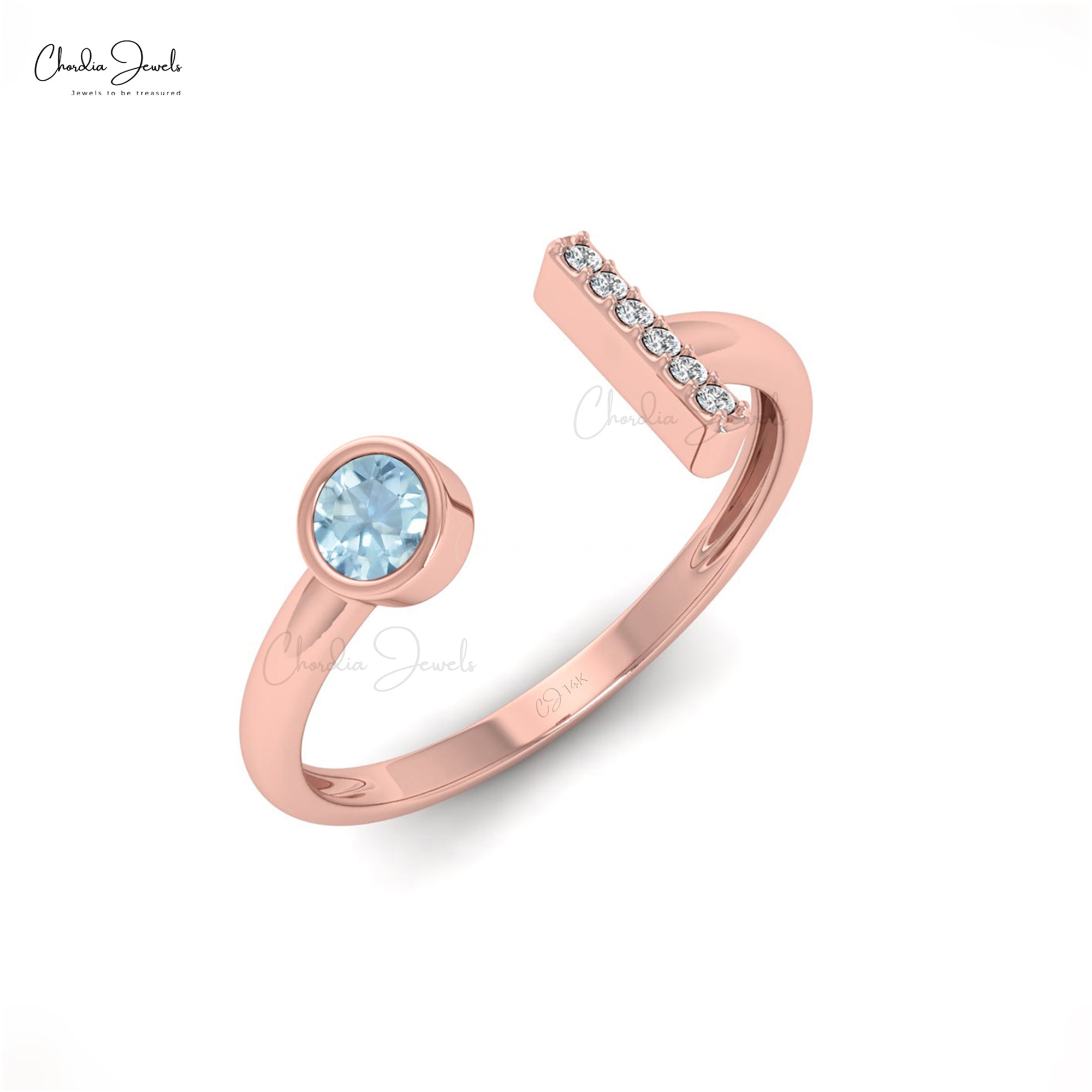 Seven Stone Open Cuff Ring With 3mm Aquamarine And Dainty Diamond Ring In 14k Solid Gold