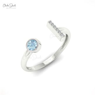 Seven Stone Open Cuff Ring With 3mm Aquamarine And Dainty Diamond Ring In 14k Solid Gold