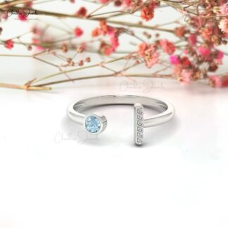 Seven Stone Open Cuff Ring With 3mm Aquamarine And Dainty Diamond Ring In 14k Solid Gold
