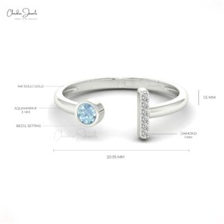 Seven Stone Open Cuff Ring With 3mm Aquamarine And Dainty Diamond Ring In 14k Solid Gold