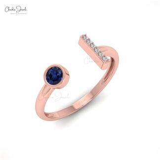 Open Cuff Diamond Ring With 0.17 Ct Ct Blue Sapphire Bezel Set In 14k Real Gold rings
