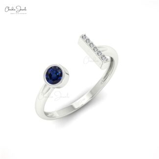 Open Cuff Diamond Ring With 0.17 Ct Ct Blue Sapphire Bezel Set In 14k Real Gold rings