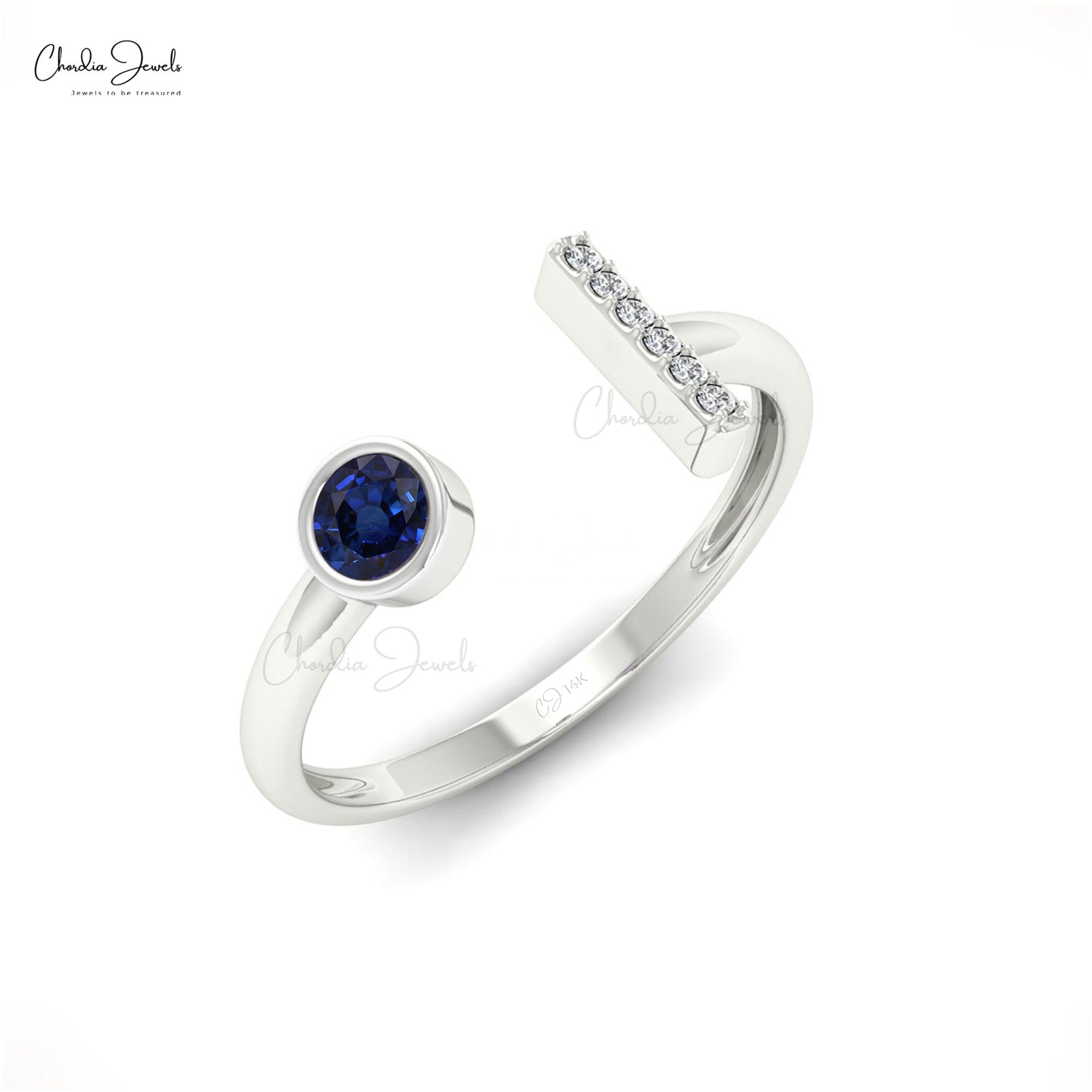 Open Cuff Diamond Ring With 0.17 Ct Ct Blue Sapphire Bezel Set In 14k Real Gold rings