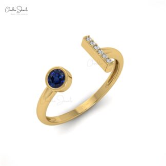 Open Cuff Diamond Ring With 0.17 Ct Ct Blue Sapphire Bezel Set In 14k Real Gold rings