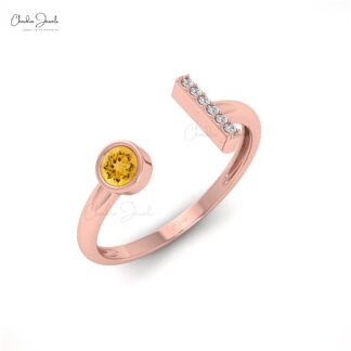 Diamond Bar Open Cuff Ring with 3mm Citrine November Birthstone 14k Solid Gold Ring
