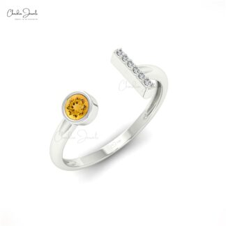 Diamond Bar Open Cuff Ring with 3mm Citrine November Birthstone 14k Solid Gold Ring