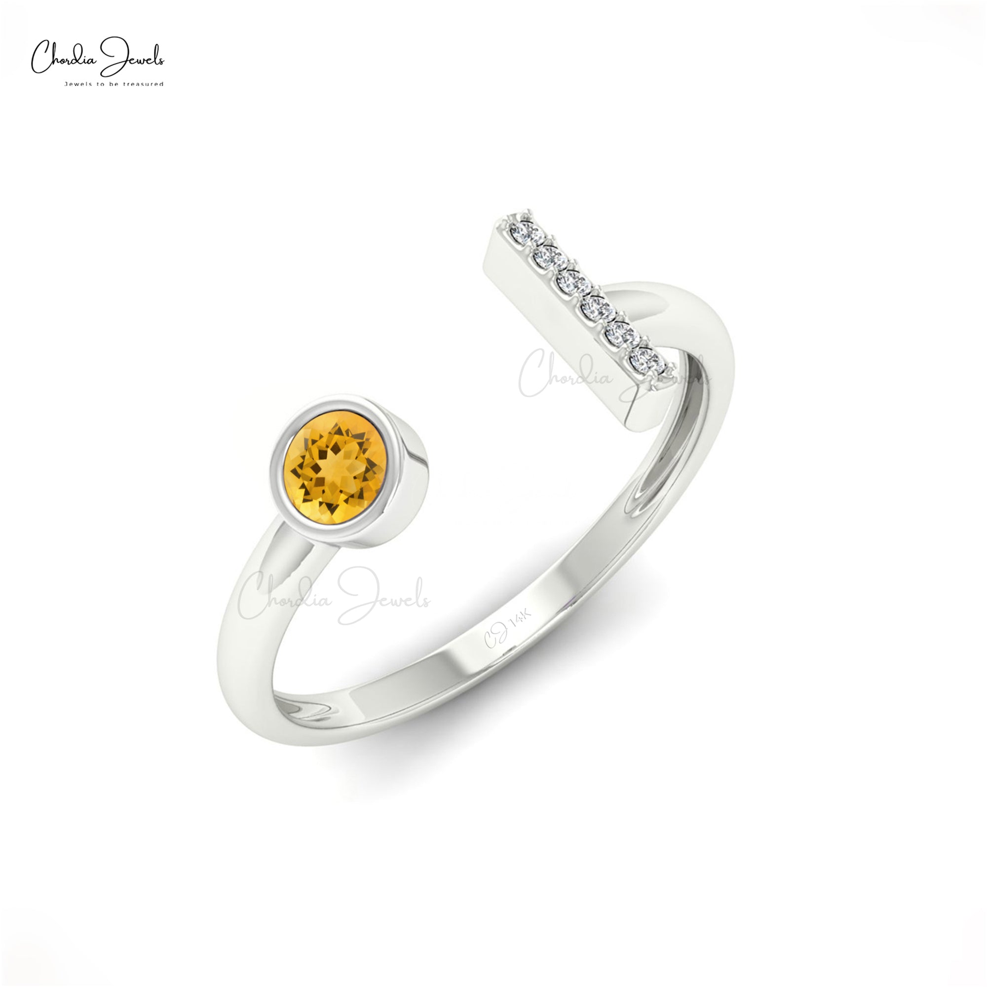 Diamond Bar Open Cuff Ring with 3mm Citrine November Birthstone 14k Solid Gold Ring