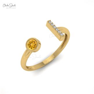 Diamond Bar Open Cuff Ring with 3mm Citrine November Birthstone 14k Solid Gold Ring