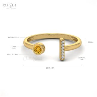 Diamond Bar Open Cuff Ring with 3mm Citrine November Birthstone 14k Solid Gold Ring