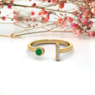 Open Split Shank Ring With Emerald Gemstone Real 14k Gold Diamond Bar Dainty Ring