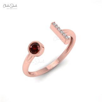 Open Cuff Engagement Ring in 14k Solid Gold Red Garnet 0.14 Ct Gemstone Diamond Rings