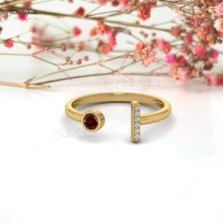 Open Cuff Engagement Ring in 14k Solid Gold Red Garnet 0.14 Ct Gemstone Diamond Rings