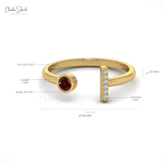 Open Cuff Engagement Ring in 14k Solid Gold Red Garnet 0.14 Ct Gemstone Diamond Rings