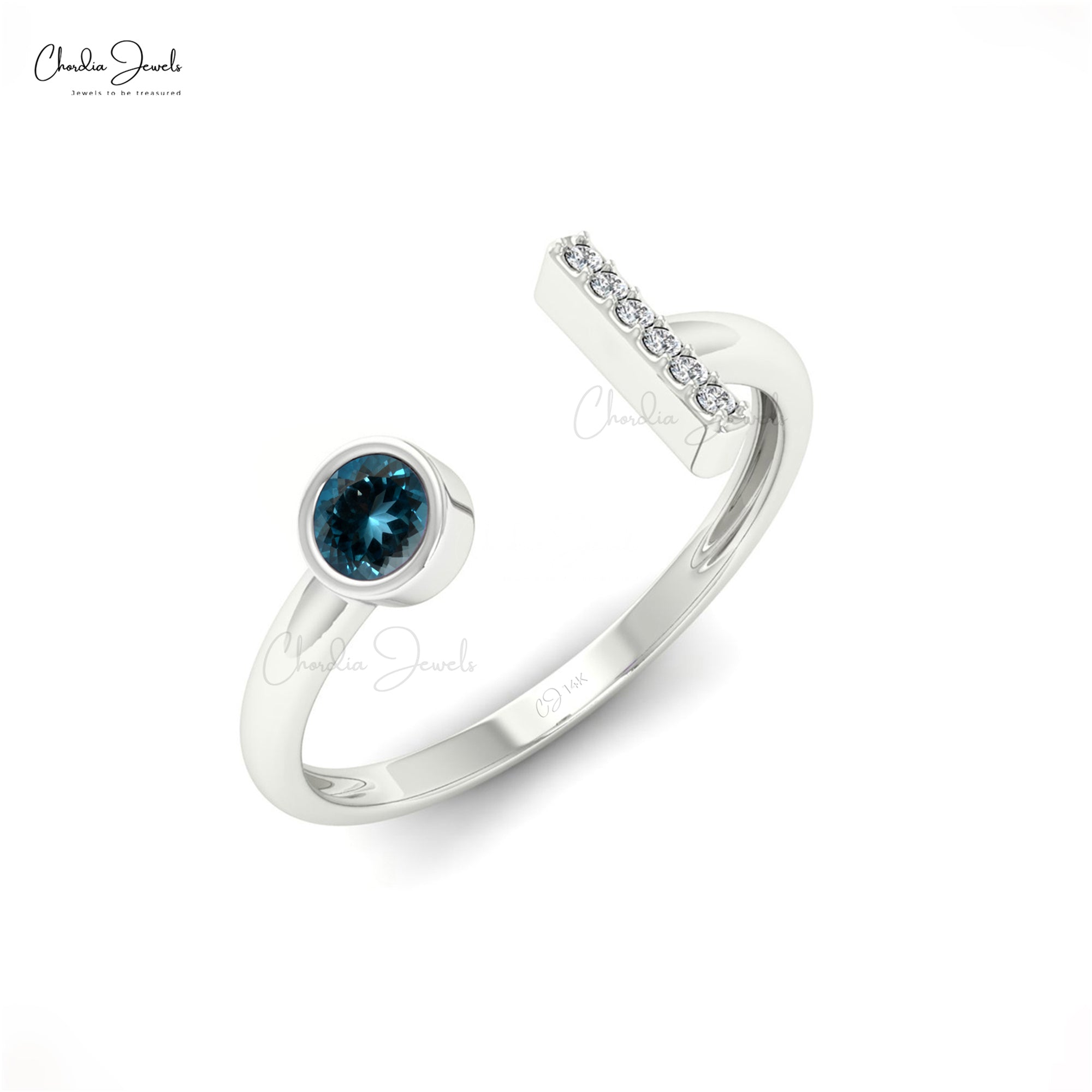 Round Open Cuff Ring With 3mm London Blue Topaz Diamond Accents In 14k Solid Gold Ring