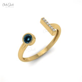 Round Open Cuff Ring With 3mm London Blue Topaz Diamond Accents In 14k Solid Gold Ring