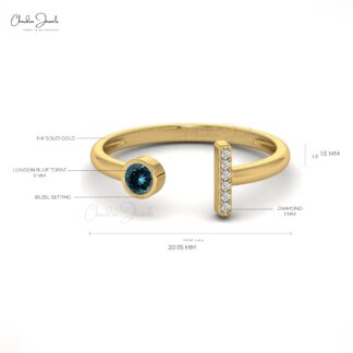 Round Open Cuff Ring With 3mm London Blue Topaz Diamond Accents In 14k Solid Gold Ring
