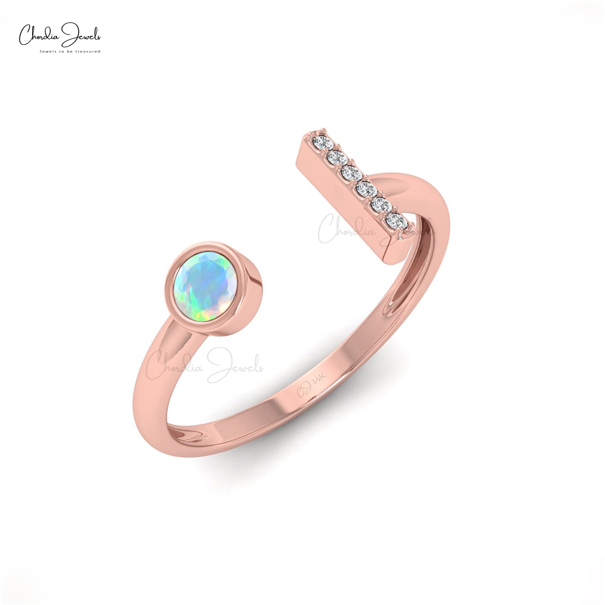 Split Shank Gemstone Ring in 14k Real Gold Fire Opal And Pave Diamond Proposal Ring