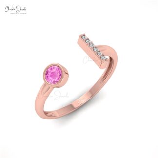 Natural Pink Sapphire Open Cuff Ring In 3mm Gemstone And Diamond 14k Real Gold Jewelry