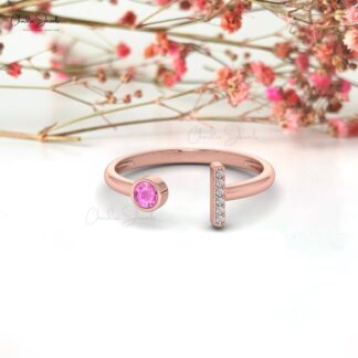 Natural Pink Sapphire Open Cuff Ring In 3mm Gemstone And Diamond 14k Real Gold Jewelry