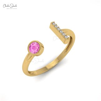 Natural Pink Sapphire Open Cuff Ring In 3mm Gemstone And Diamond 14k Real Gold Jewelry