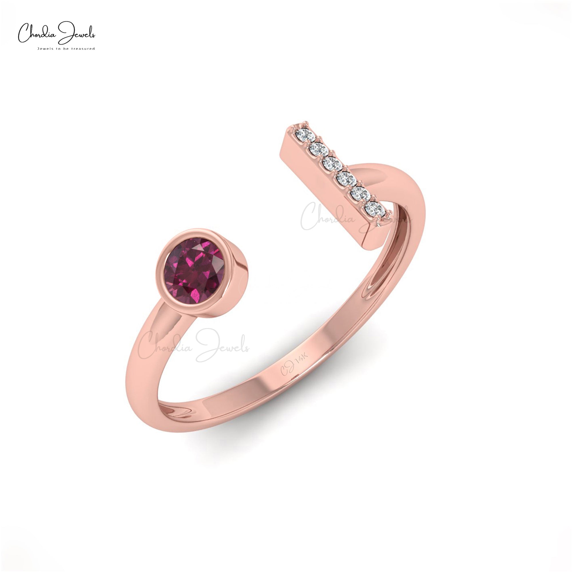 Diamond Bar Bridal Ring In Solid 14k Gold Rhodolite Garnet 0.19 Ct Gemstone Open Cuff Ring