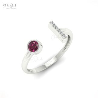 Diamond Bar Bridal Ring In Solid 14k Gold Rhodolite Garnet 0.19 Ct Gemstone Open Cuff Ring