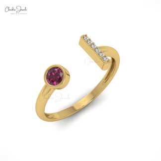 Diamond Bar Bridal Ring In Solid 14k Gold Rhodolite Garnet 0.19 Ct Gemstone Open Cuff Ring