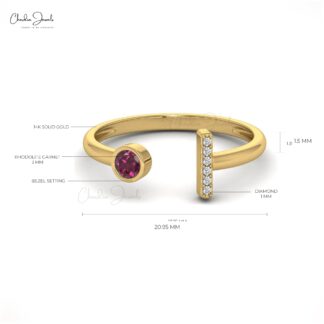 Diamond Bar Bridal Ring In Solid 14k Gold Rhodolite Garnet 0.19 Ct Gemstone Open Cuff Ring