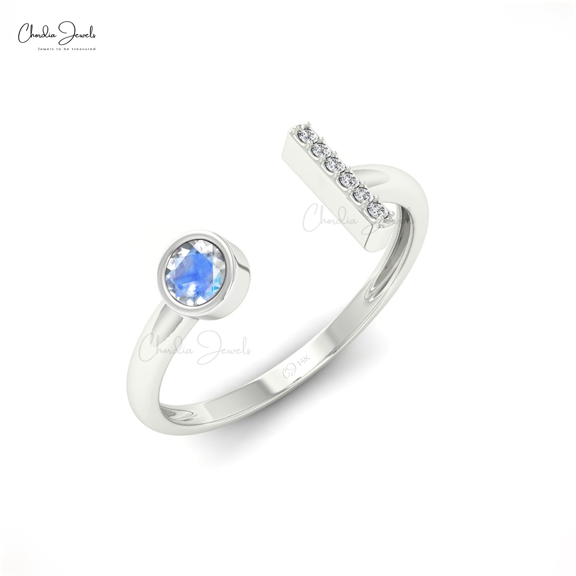 Pure 14k Gold Split Shank Ring With 0.17 Ct Rainbow Moonstone & Diamond Wedding Rings