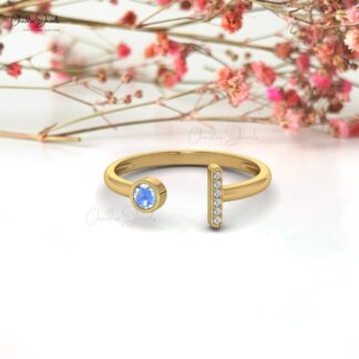 Pure 14k Gold Split Shank Ring With 0.17 Ct Rainbow Moonstone & Diamond Wedding Rings