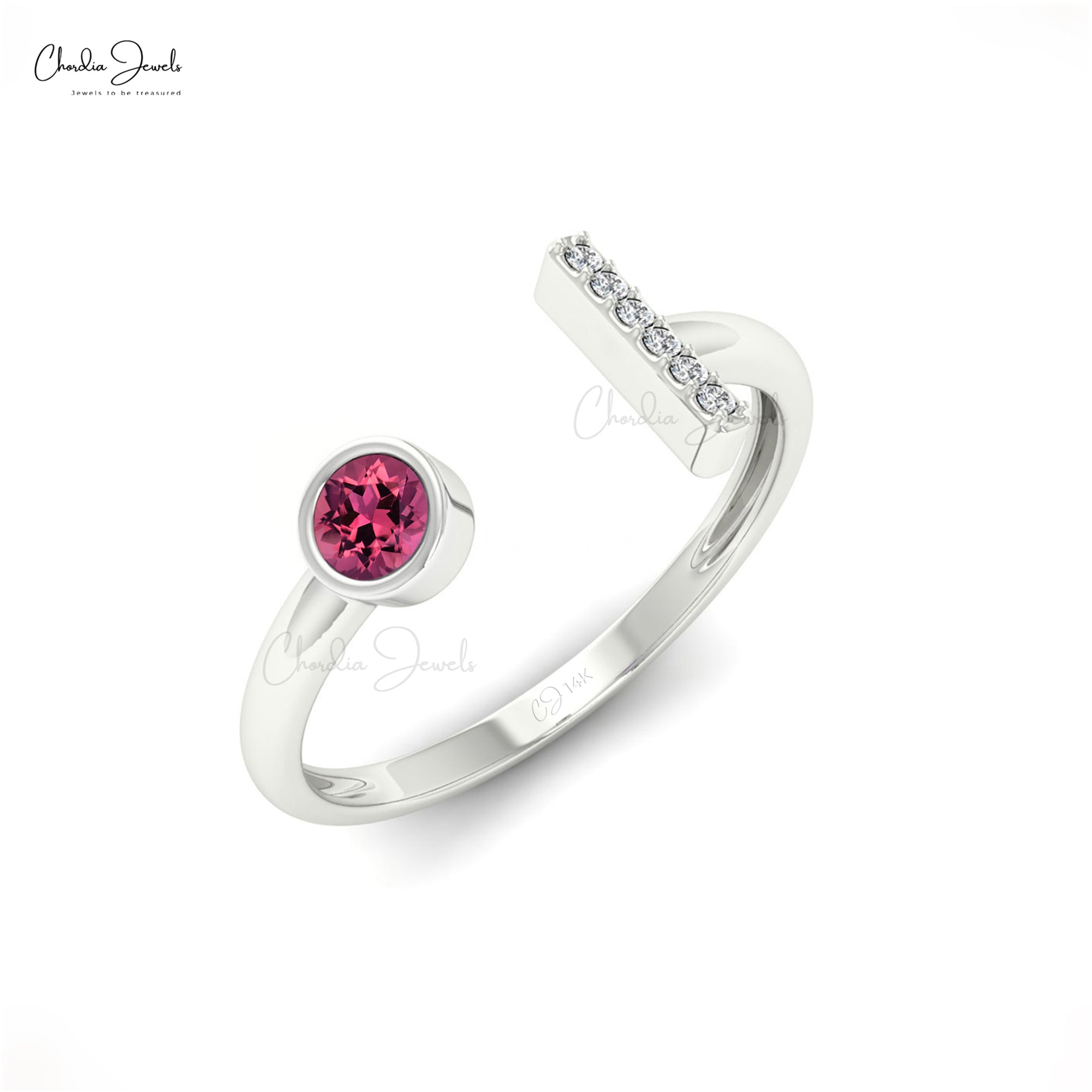Natural Pink Tourmaline Open Cuff Ring With 0.17 Ct Gemstone And Dimond 14k Gold Jewelry